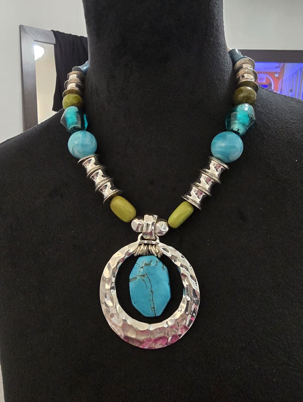 Stunning CHICO'S Turquoise And Silver Toned Pendant Statement Necklace -